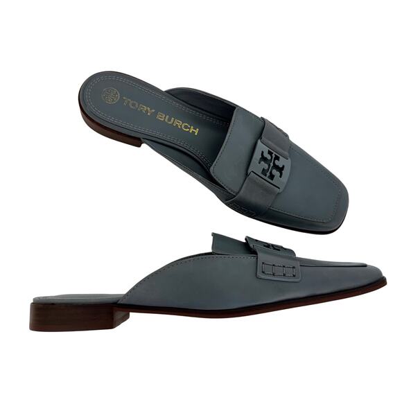Tory Burch Georgia Leather Loafer Backless Mules in Light Blue Gray Logo 9.5 M - Picture 1 of 13